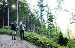 Ein Paar wandert entlang einer Schotterstraße im Naturpark Falkenstein und genießt den Ausblick. 